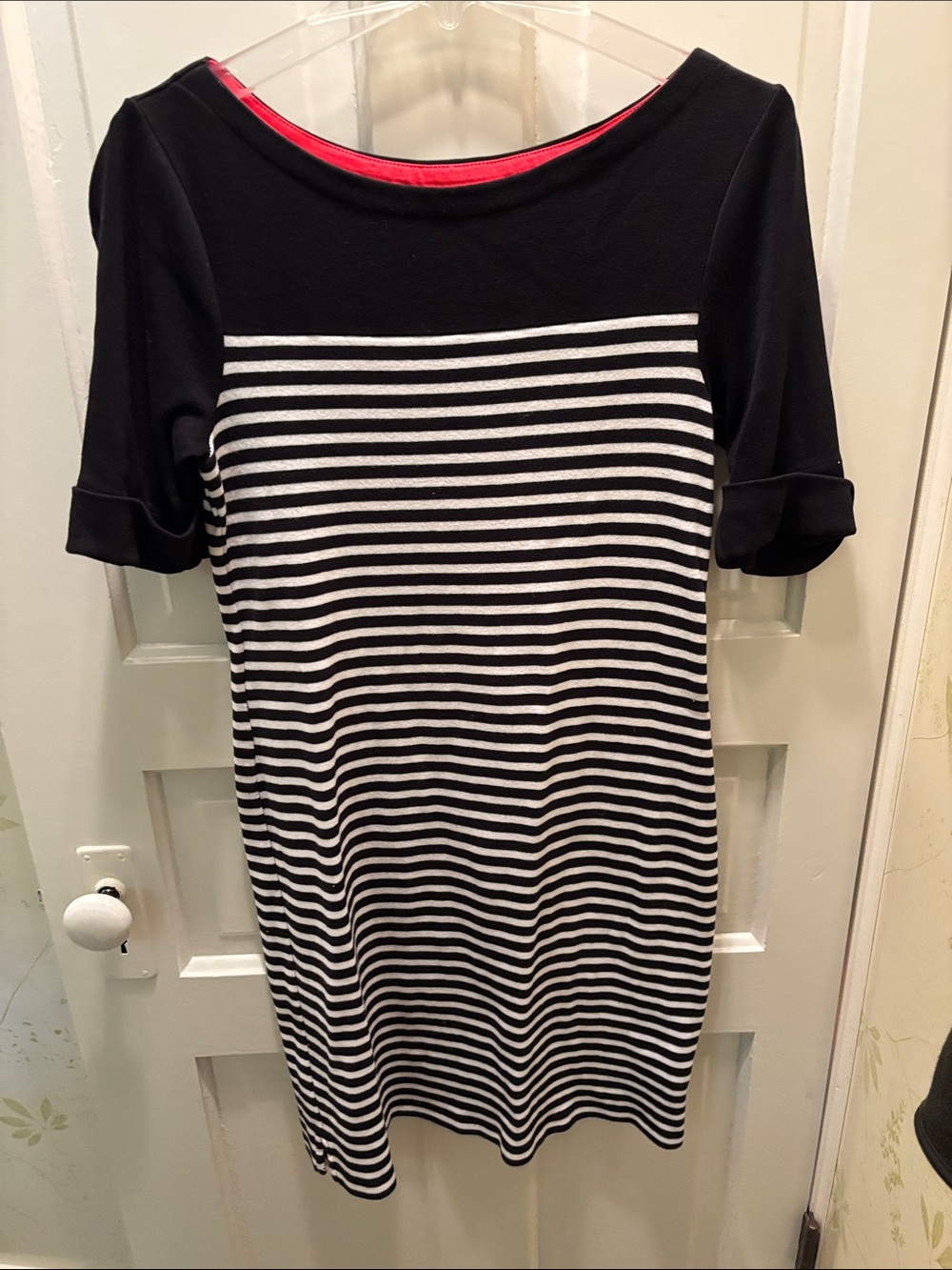 Ralph Lauren Black and White Striped Midi Dress with Pink Neck Trim